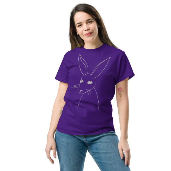 Minimalist Line Drawn Rabbit  - Classic Fit Unisex T-Shirt Grey Print - Image 4