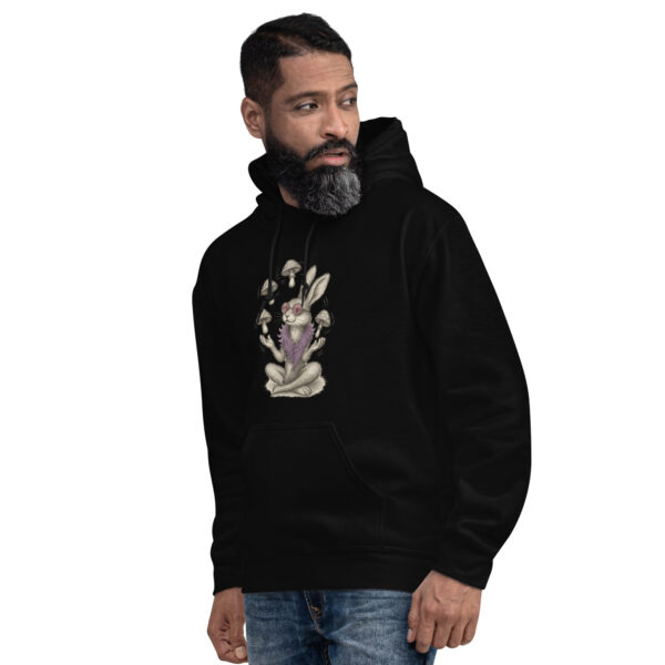 Mystic Mushroom Bunny Hoodie – Surreal Rabbit Guru Graphic Pullover Unisex Hoodie - Image 2