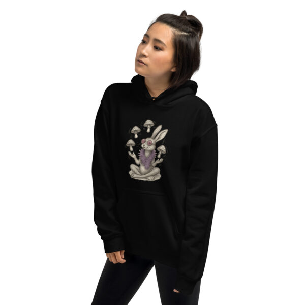 Mystic Mushroom Bunny Hoodie – Surreal Rabbit Guru Graphic Pullover Unisex Hoodie - Image 3