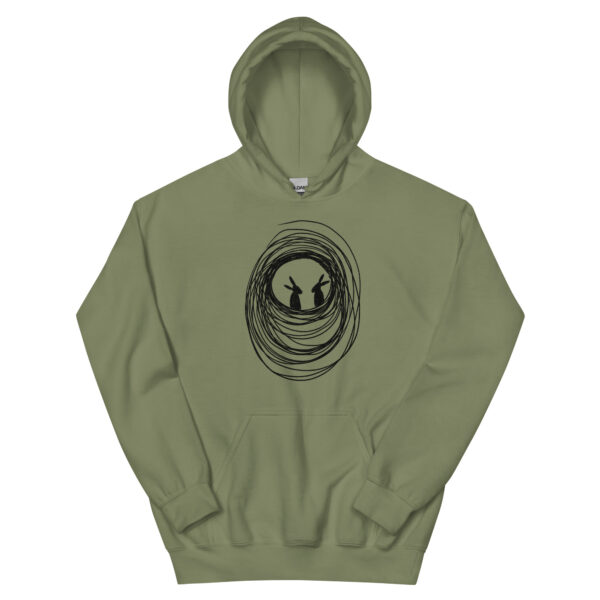 Into the Burrow Unisex Hoodie with Front Pouch Black Print - Image 6