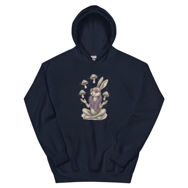 Mystic Mushroom Bunny Hoodie – Surreal Rabbit Guru Graphic Pullover Unisex Hoodie - Image 4